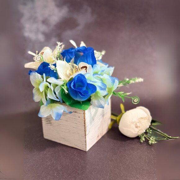 Faux Floral Arrangement in Rustic Wooden Box – Home or Office Decor - Picture 3 of 8